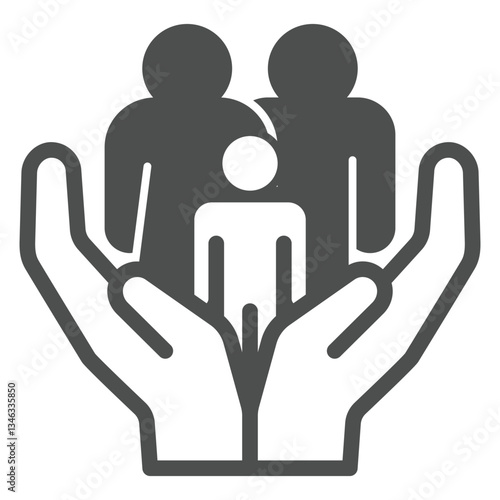 Family with child on hands solid icon, family psychology concept. Vector graphics. Father, mother and son, support sign on white background, glyph style icon for mobile or web design.