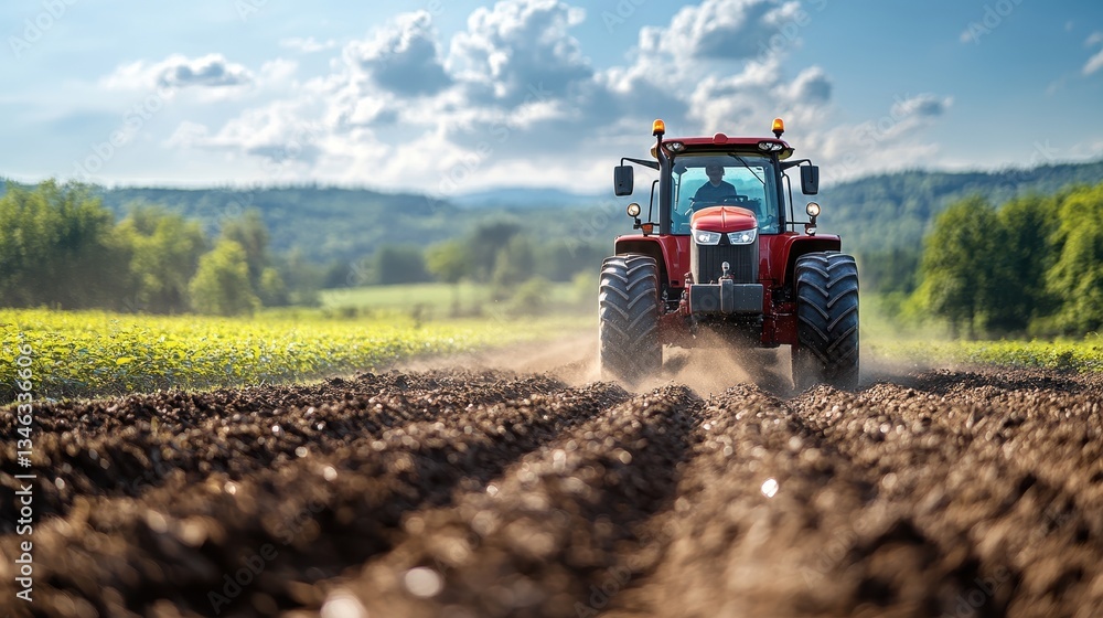 Fototapeta premium A red tractor plowing a field on a sunny day
