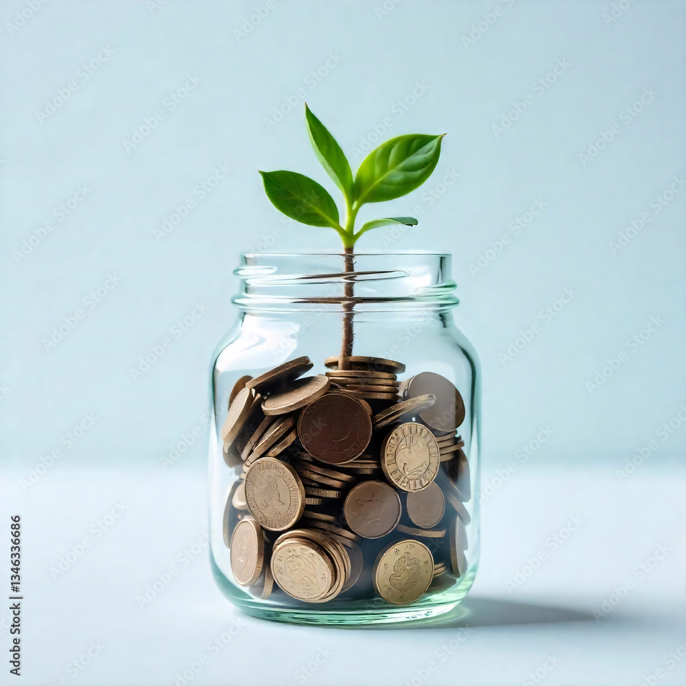 Growing Financial Savings Concept with Plant Emerging from Jar of Coins Depicting Investment Growth, Wealth Management, and Prosperity Over Time Growing Financial Savings Concept with Plant Emerging from Jar of Coins Depicting Investment Growth, Wealth Management, and Prosperity Over Time
