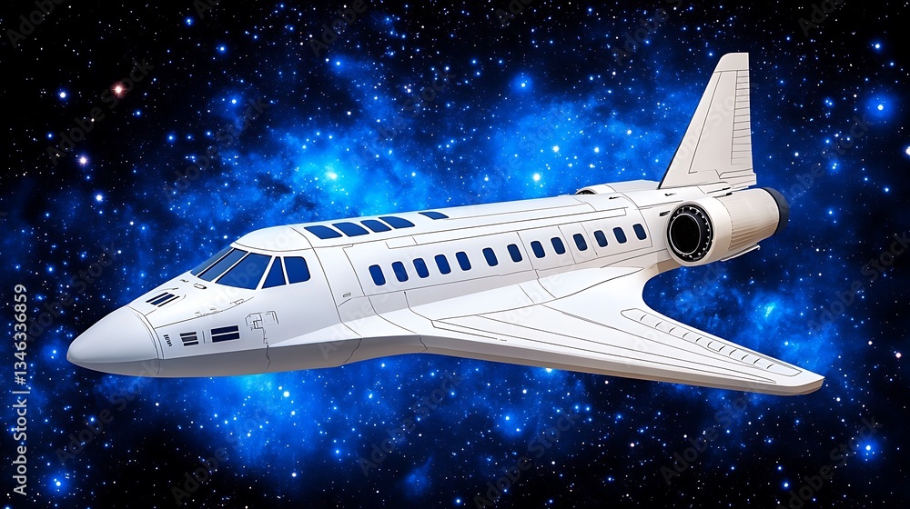 Fototapeta premium A futuristic white aircraft flies amidst a vibrant star filled sky