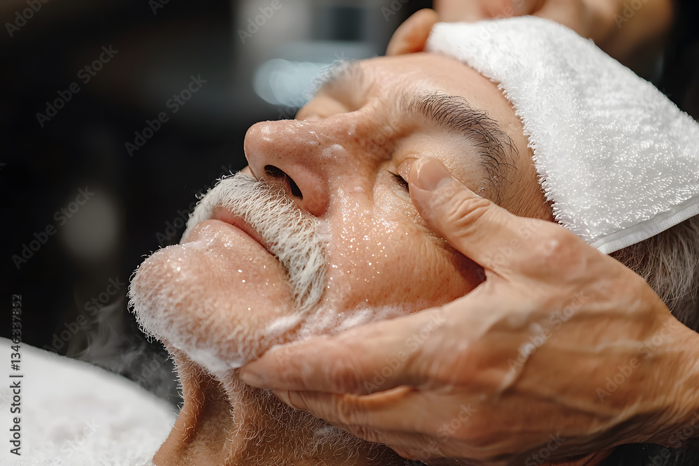 experienced barber applying hot towel to senior client's face before mustache grooming in classic barbershop experienced barber applying hot towel to senior client's face before mustache grooming in classic barbershop