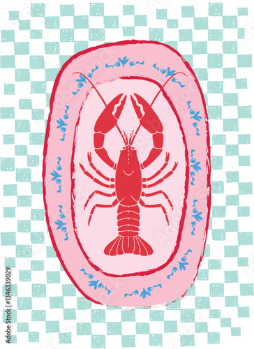 Lobster crab plate  gingham seafood cute doodle  wavy slogan trend bow ribbons cute checker modern trending Tee t-shirt logo slogan graphic artwork typography tote badge emblem sketch Europe abstract