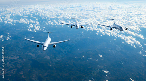 Three Airplanes In Flight Above Cloudy Landscape
