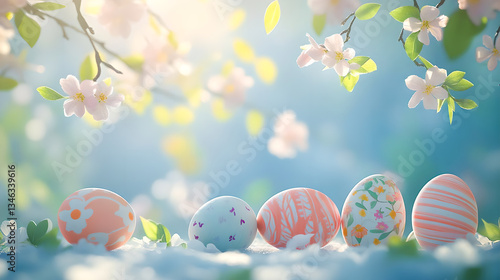 Easter. Easter eggs against the background of spring flowers and trees