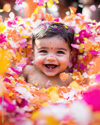 India baby - Festival Vibes: During festivals like Holi or Diwali, photograph the baby surrounded by vibrant colors, flower petals, or soft light from diyas. A close-up with playful smiles or curious 