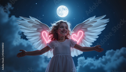 Angelic Cupid floating gracefully under the moonlit sky, whimsical charm
