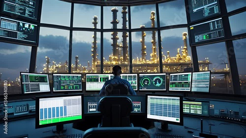 Control Room Operator Monitoring Industrial Oil Refinery with Multiple Screens in a High-Tech Facility at Night

