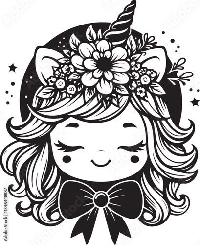 Solid Black Line Art Baby Unicorn