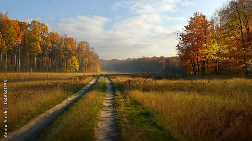 Autumn morning in a tranquil forest with a winding path and colorful foliage Autumn morning in a tranquil forest with a winding path and colorful foliage