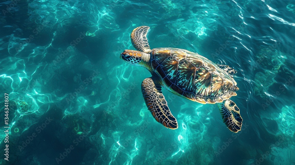 Fototapeta premium A sea turtle gracefully swims in vibrant turquoise water