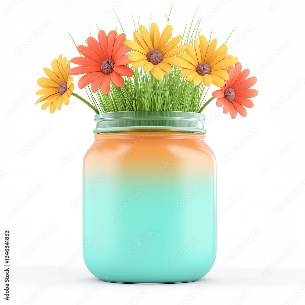 Bright and Colorful Flowers in a Jar with a Gradient Effect Against a White Background Bright and Colorful Flowers in a Jar with a Gradient Effect Against a White Background