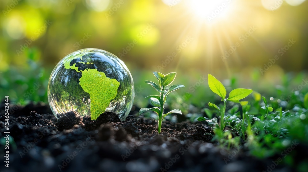 A transparent globe next to growing plants in soil A transparent globe next to growing plants in soil