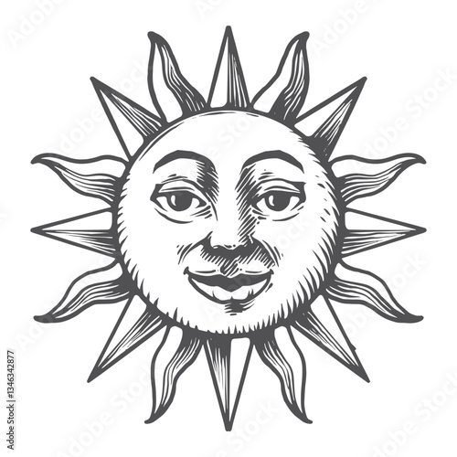 Sun with a face engraving style hand draw