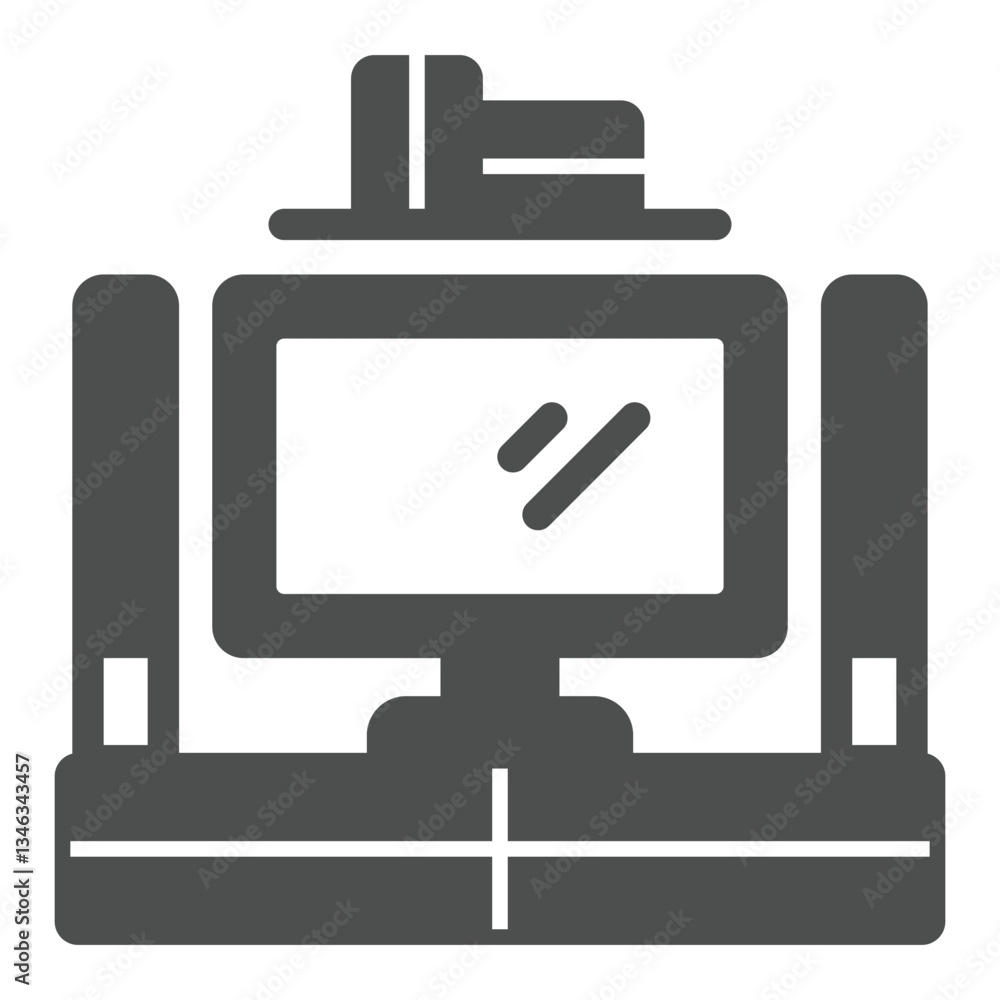 TV on table with drawers and audio system solid icon, house interior concept. Vector graphics. Television desk sign on white background, glyph style icon for mobile or web design. TV on table with drawers and audio system solid icon, house interior concept. Vector graphics. Television desk sign on white background, glyph style icon for mobile or web design.