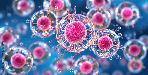 Wallpaper Mural Abstract depiction of virus cells with a glowing pink core and intricate outer structures, set against a blue background. Concept of microbiology and science. Ai generative Torontodigital.ca
