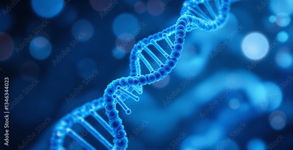 Close-up of a glowing blue DNA strand with molecular details on a blurred bokeh background. Concept of genetics, biotechnology, and medical science. Ai generative Close-up of a glowing blue DNA strand with molecular details on a blurred bokeh background. Concept of genetics, biotechnology, and medical science. Ai generative