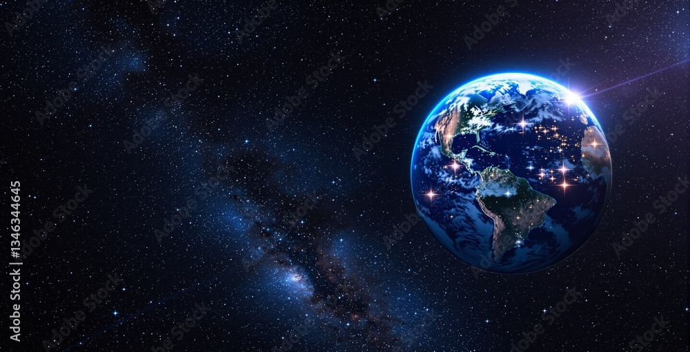 Planet Earth glowing in the vast universe with bright city lights visible on the surface, surrounded by countless stars. Science and cosmic background. Ai generative Planet Earth glowing in the vast universe with bright city lights visible on the surface, surrounded by countless stars. Science and cosmic background. Ai generative