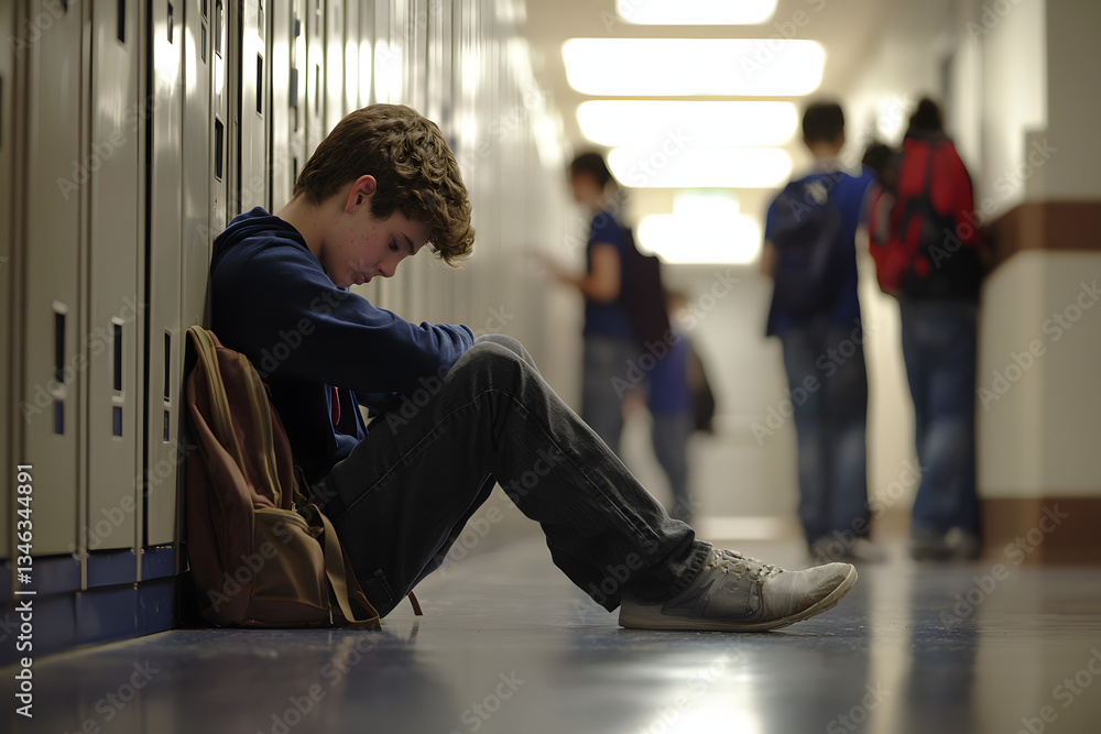 Obraz premium dejected high school boy sitting alone on hallway floor with backpack while other students socialize by lockers