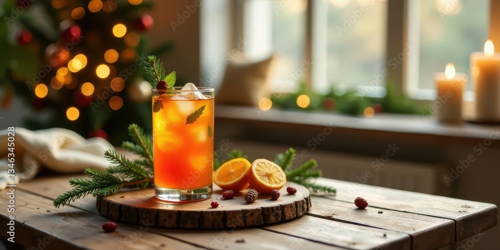 A Festive Spiced Citrus Beverage with Ice and Garnish on Rustic Wooden Table A Festive Spiced Citrus Beverage with Ice and Garnish on Rustic Wooden Table