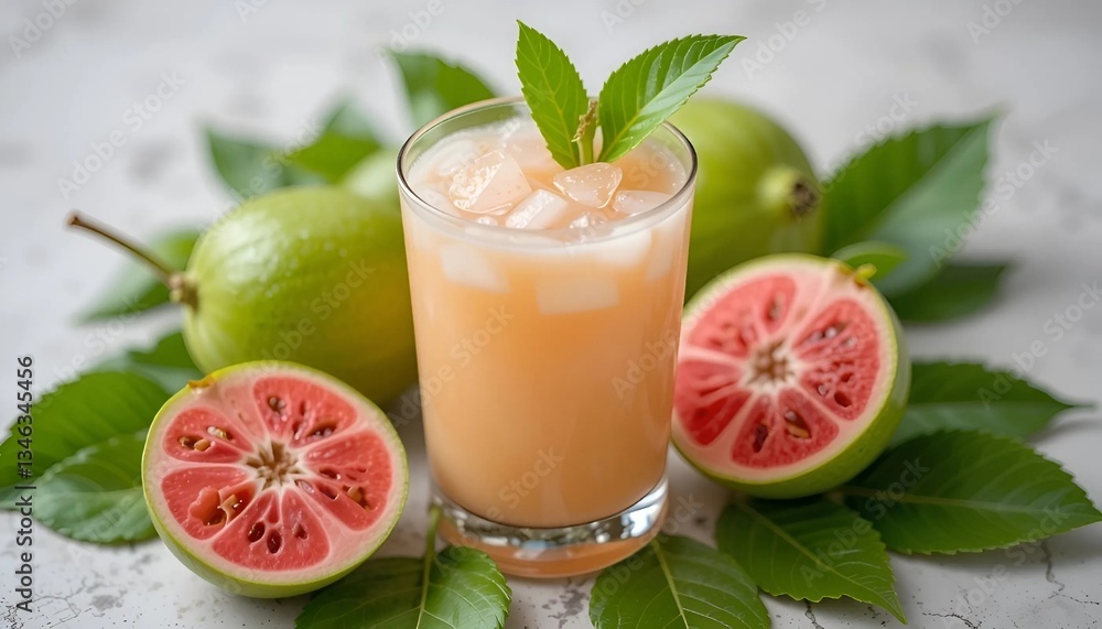 A stylish glass filled with pink guava juice, elegantly accompanied by a bunch of luscious green grapes, inviting indulgence. A stylish glass filled with pink guava juice, elegantly accompanied by a bunch of luscious green grapes, inviting indulgence.