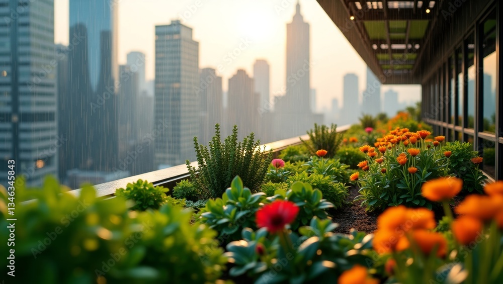 Fototapeta premium A vibrant cinematic photograph on a rooftop garden with city buildings in the background during a light rain, generate AI