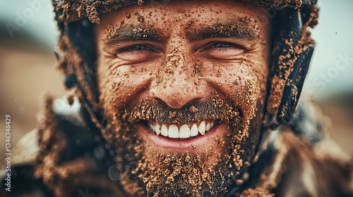Smiling mud-covered man in a helmet after outdoor adventure