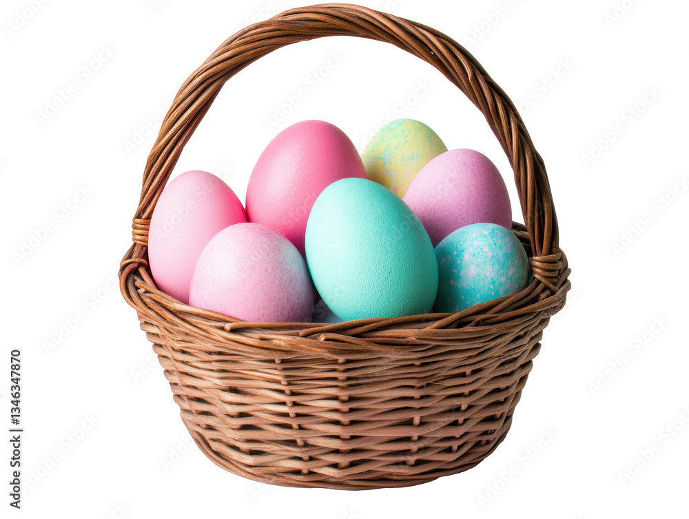 Colorful Easter eggs arranged in a woven basket for celebration on a transparent background, cut out Colorful Easter eggs arranged in a woven basket for celebration on a transparent background, cut out