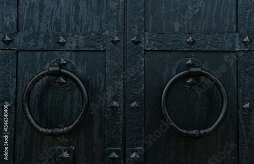Fotografie Antique metal door with a vintage iron knockers, showcasing intricate craftsmans