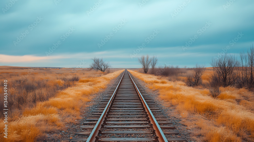 Obraz premium railway, train, rail, railroad, track, transportation, travel, tracks, transport, sky, road, steel, landscape, perspective, rails, way, line, distance, journey, long, path, nature, iron, parallel, met