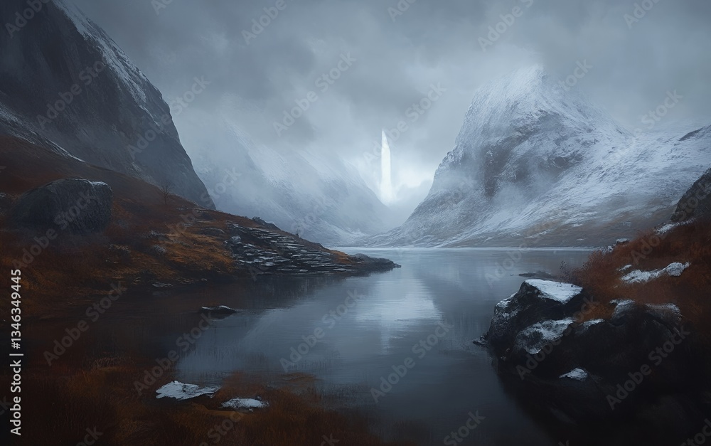 Fototapeta premium Serene Winter Landscape Snowy Mountains Lake Mist sky fog art cold calm view grey blue