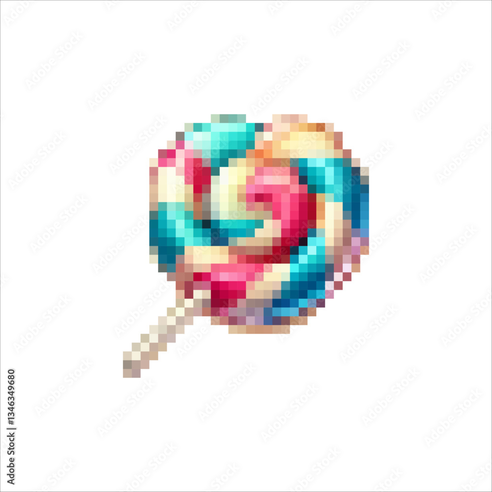 Obraz premium Pixel lollipops.Candy on a stick with a bow.Multicolored delicious sweets.Figured sugar crafts.Caramel on a stick.Children's joys.Retro lollipop icons.