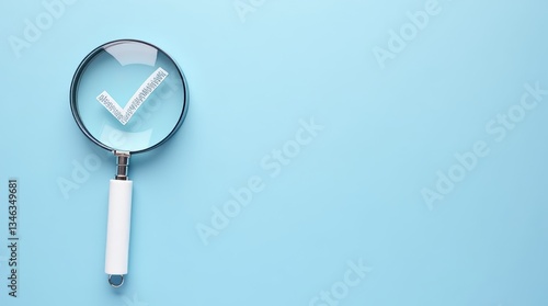 Magnifying the Mark: A close-up shot of a magnifying glass centered on a checkmark, with the object illuminated against a colored backdrop, highlighting precision and accuracy. 