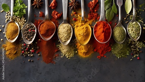 Assorted Colorful Spices in Spoons on Dark Background