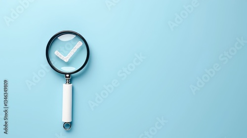 Wallpaper Mural Magnifying Verification: A magnifying glass focuses on a check mark, symbolizing assessment, validation, and attention to detail in a minimalist setting. Torontodigital.ca