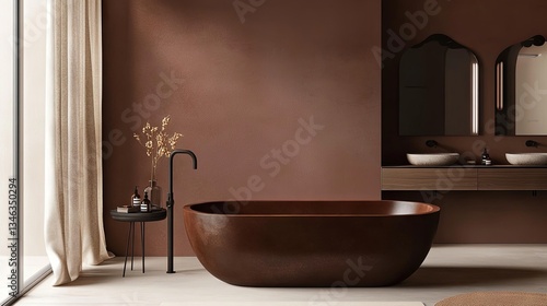 Luxurious brown bathroom with a large cozy bathtub