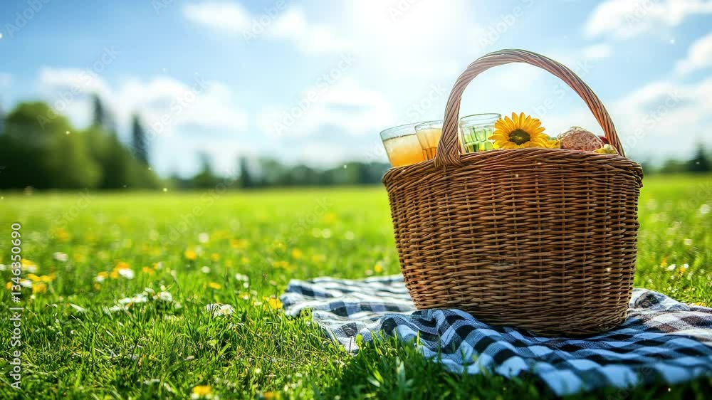 Enjoying a sunny picnic in a lush green field with refreshing drinks and a basket filled with delightful snacks and flowers Enjoying a sunny picnic in a lush green field with refreshing drinks and a basket filled with delightful snacks and flowers