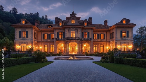 Grand illuminated mansion at dusk, showcasing architectural details, landscaping, and a fountain.