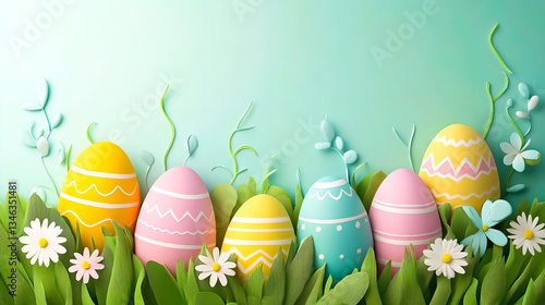 Paper Illustration made of colorful Easter eggs on a light lightning background. Easter