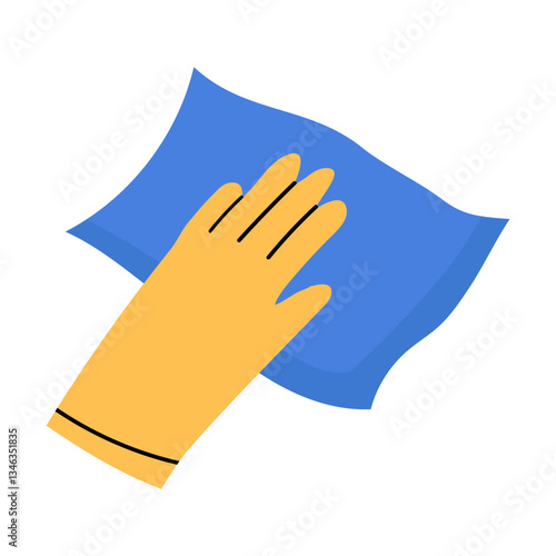 An illustration of a yellow glove holding a blue cloth. Cleaning concept.