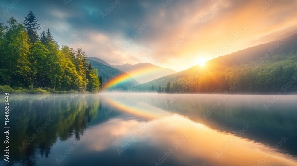 Fototapeta premium Sunrise over serene lake mountain landscape nature tranquil environment wide-angle view beauty of nature