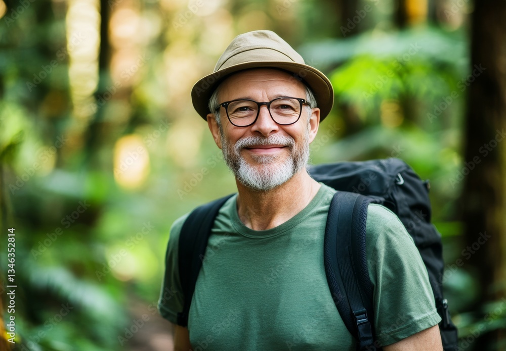 Smiling Middle-Aged Man Enjoying a Hike Through the Green Forest Smiling Middle-Aged Man Enjoying a Hike Through the Green Forest