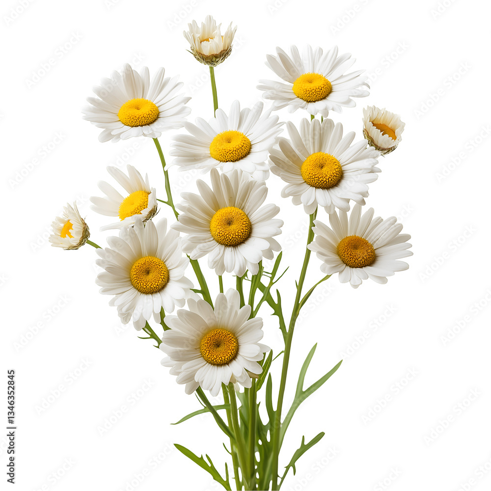 Fototapeta premium Bunch of White Daisies Blooming with Yellow Centers on White or Transparent Background