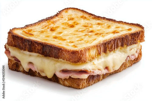 A close-up of a delicious croque monsieur isolated on a white background