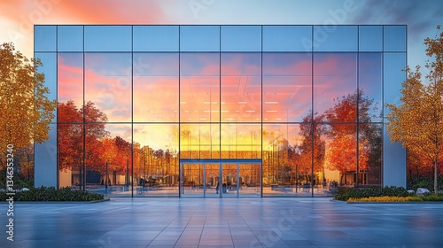Modern glass building reflecting autumn sunset.