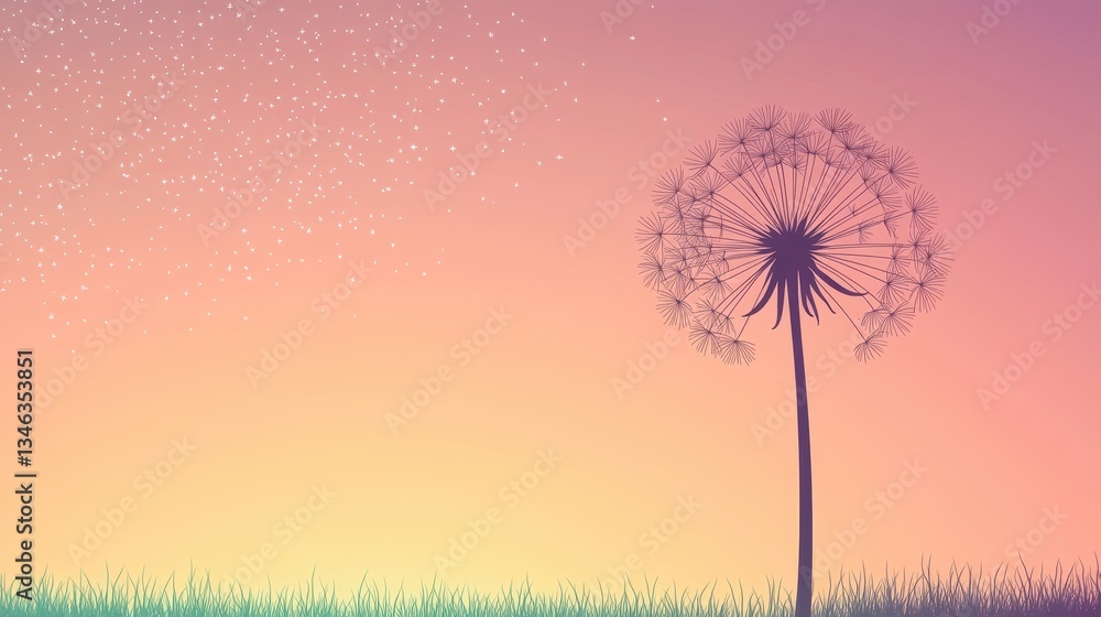 Fototapeta premium Dandelion silhouette at sunset with blowing seeds.