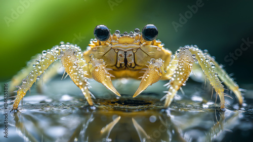 Macro shot of a vibrant yellow spider with water droplets on a wet black surface.