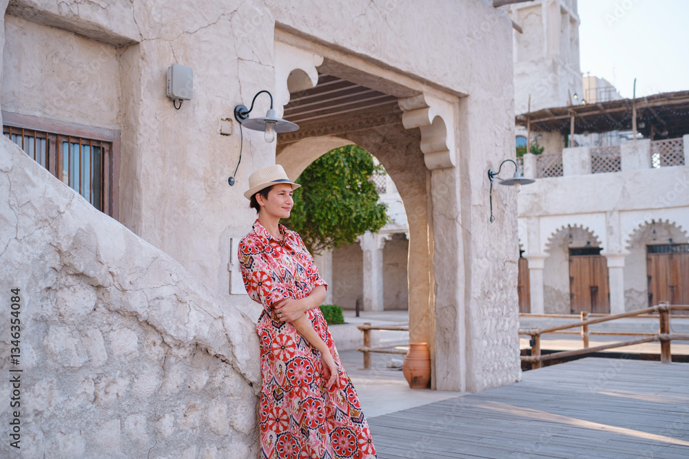 Obraz premium Young woman in an ethnic dress and hat exploring Al Seef Park in Dubai. Surrounded by traditional Emirati architecture and modern vibes, she enjoys the charm of Dubai Creek's cultural heritage.