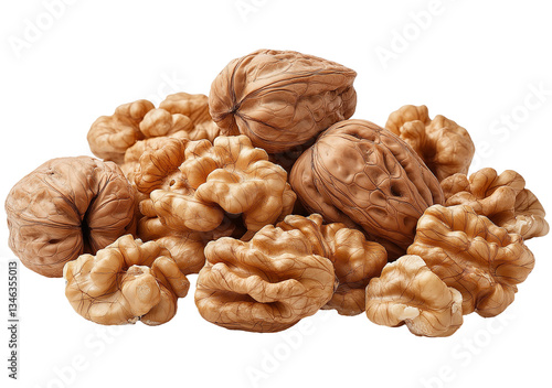 A pile of rich, brown walnuts with rough, textured shells, some cracked open to reveal the nut inside, 