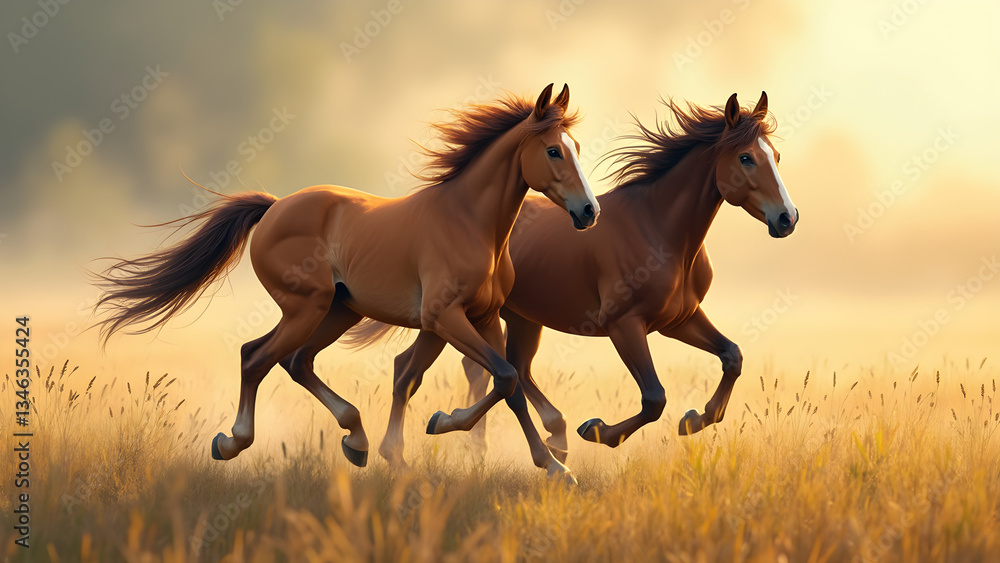 Mare and foal running free in nature. Ultrarealistic wild horse illustration. Colorful artwork of wild horses. Captivating scene of mother and baby horse. Mare and foal running free in nature. Ultrarealistic wild horse illustration. Colorful artwork of wild horses. Captivating scene of mother and baby horse.