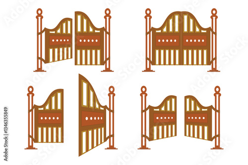 This vector illustration features a set of four flat-style gate icons, each showcasing a different opening position. The gates are designed with a classic, stylized.